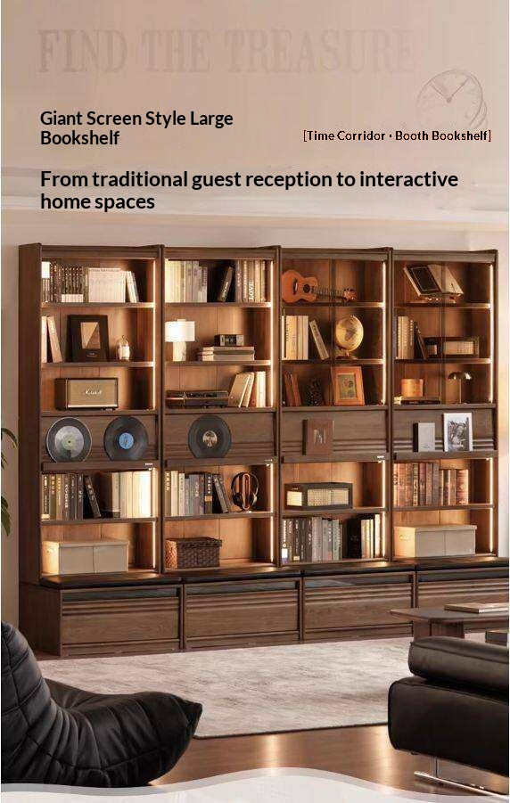 Black Walnut Solid Wood Integrated Wall Bookcase with Floor Display