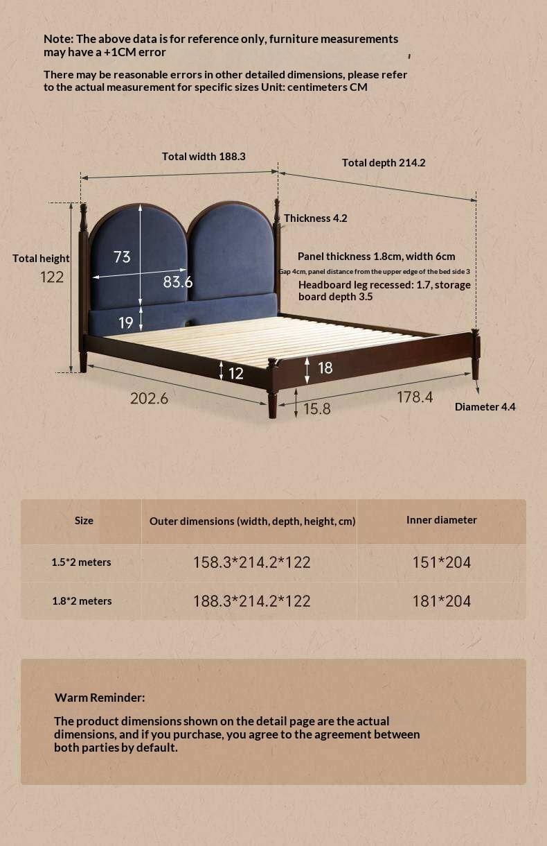 Poplar Solid Wood Bed with Double Arched Upholstered Headboard and Turned Wood Posts