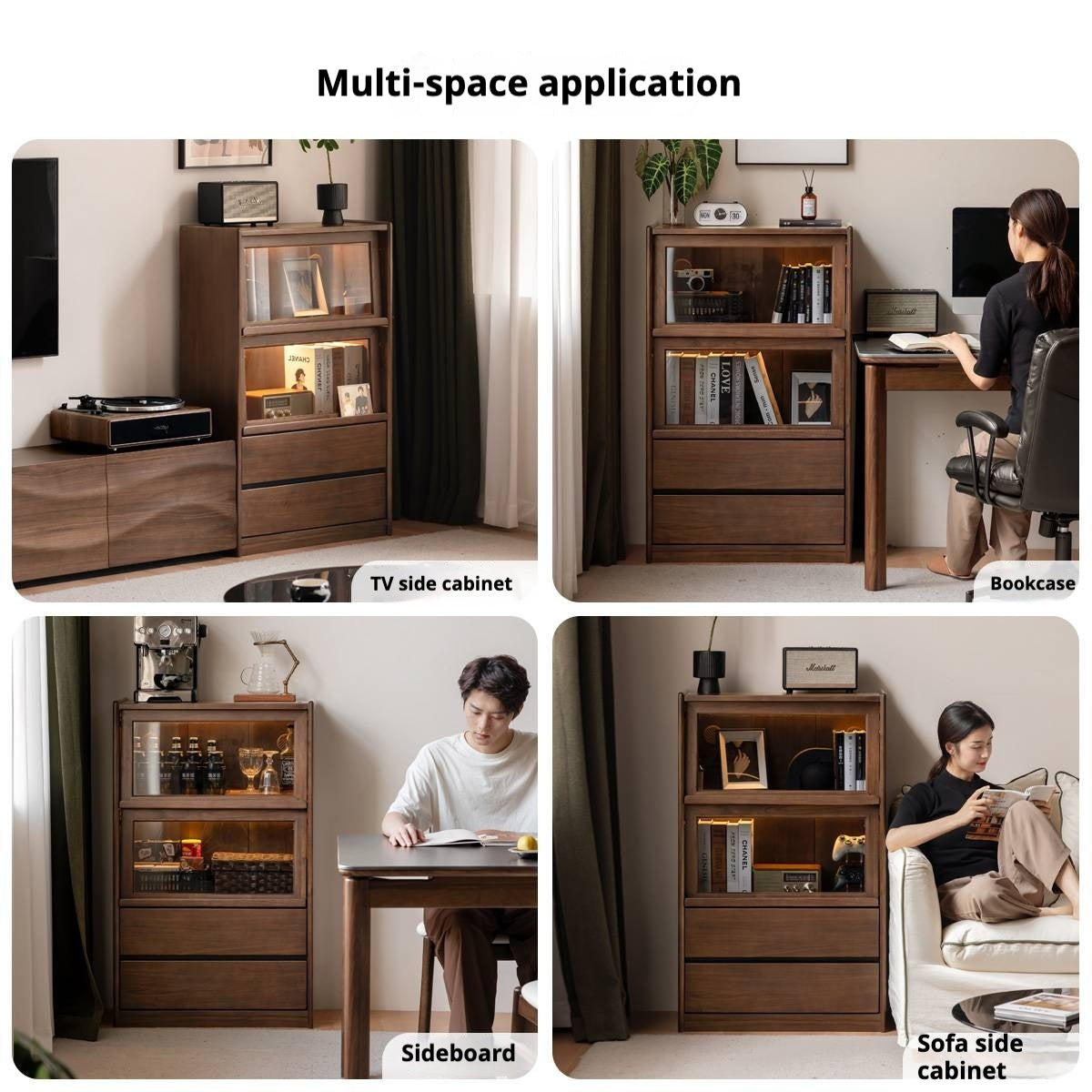 Black Walnut, Solid Longan Hardwood, Ash Solid Wood Modern Style Side Cabinet.