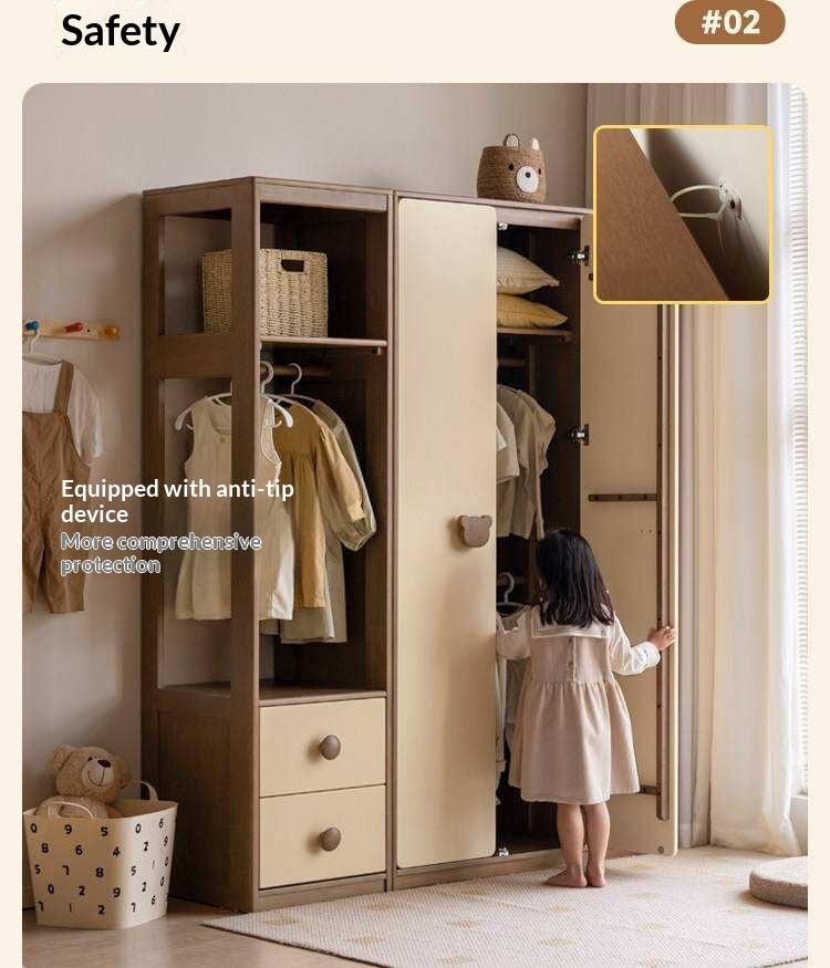 Solid RubberWood Kids Wardrobe Closet with Bear Handles and Storage Drawers