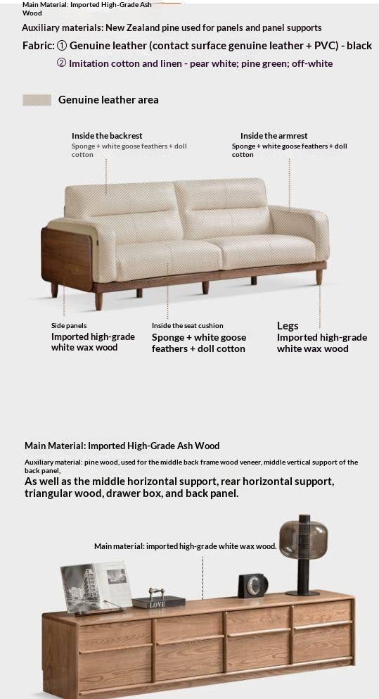 Ash Solid Wood Genuine Leather High Back Sofa