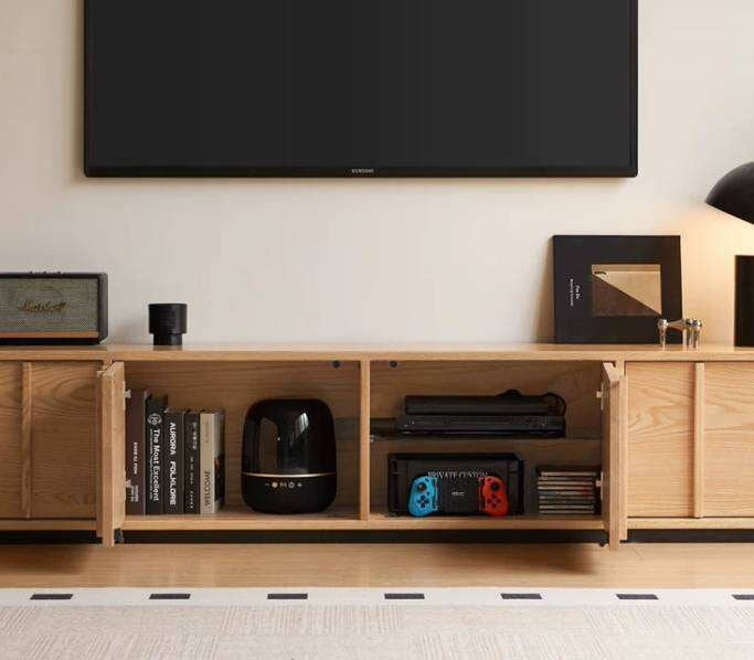 Oak Solid Wood TV Cabinet with Open Frame Storage Design