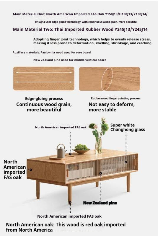 Oak, Beech, Solid Rubberwood Glass Doors Coffee Table