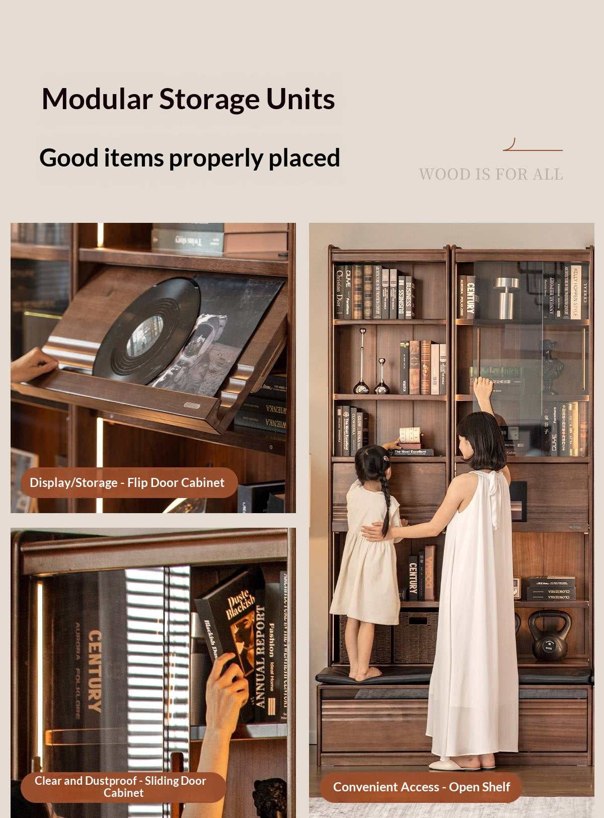 Black Walnut, Ash Solid Wood Combination Bookcase with Floor Display and Luxury Storage