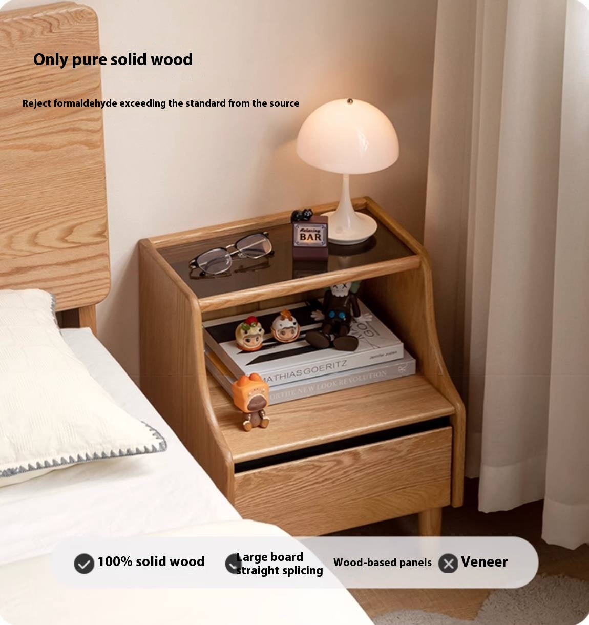 Solid RubberWood, Oak Solid Wood Nightstand with Glass Door with Storage