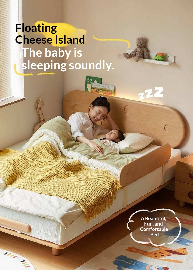 Beech Solid Wood Kids Floating Bed with Night Light and Optional Guardrails