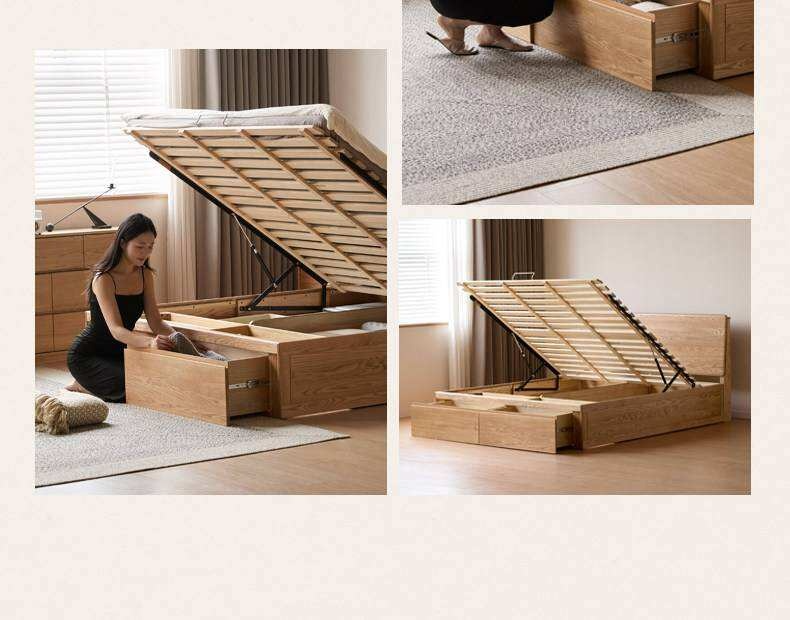 Oak Solid Wood Storage Bed with Hydraulic Lift-Up Frame and drawers