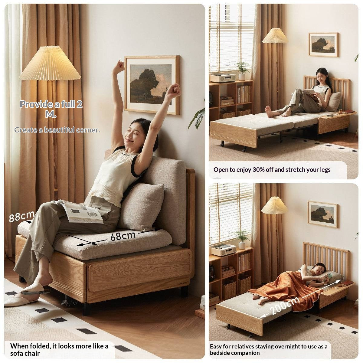 Oak Solid Wood Sleeper Sofa Chair Bed with Attached Fold-Out Side Tray