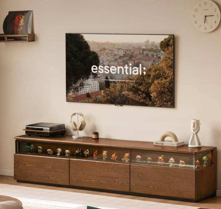 Ash Solid Wood TV Cabinet with Floor-Standing Storage and Display Shelves