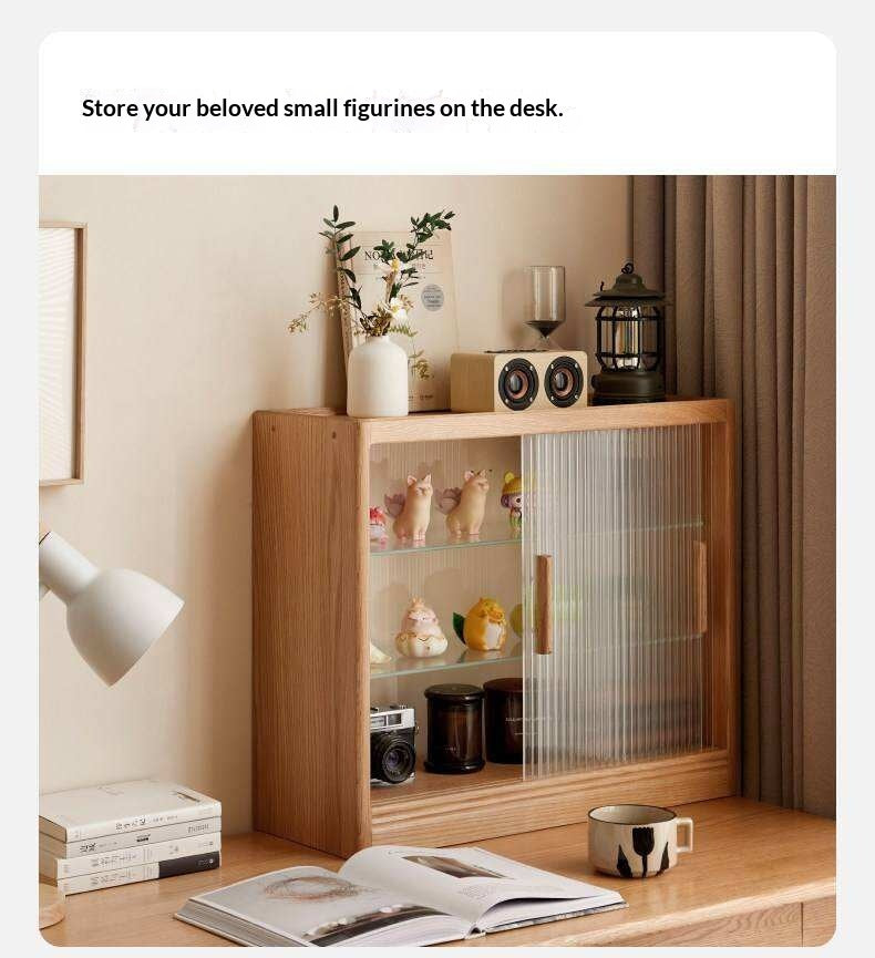 Oak, Cherry Solid Wood Desktop Locker Storage Cabinet Glass Sliding Door