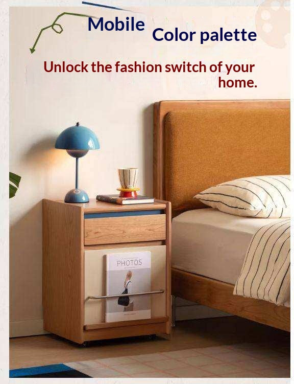 Cherry Solid Wood Nightstand with Storage Drawer and Magazine Holder with Wheels