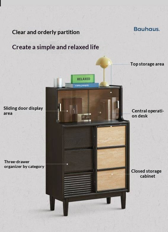 Oak Solid Wood Bauhaus Style Bar Cabinet with Sliding Doors