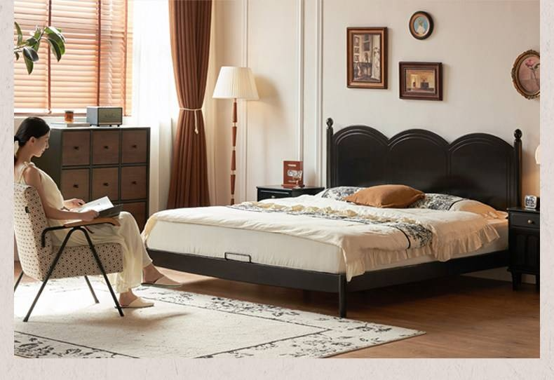 Rubberwood Solid Wood Bed — French Vintage Style, Large Slab Bed