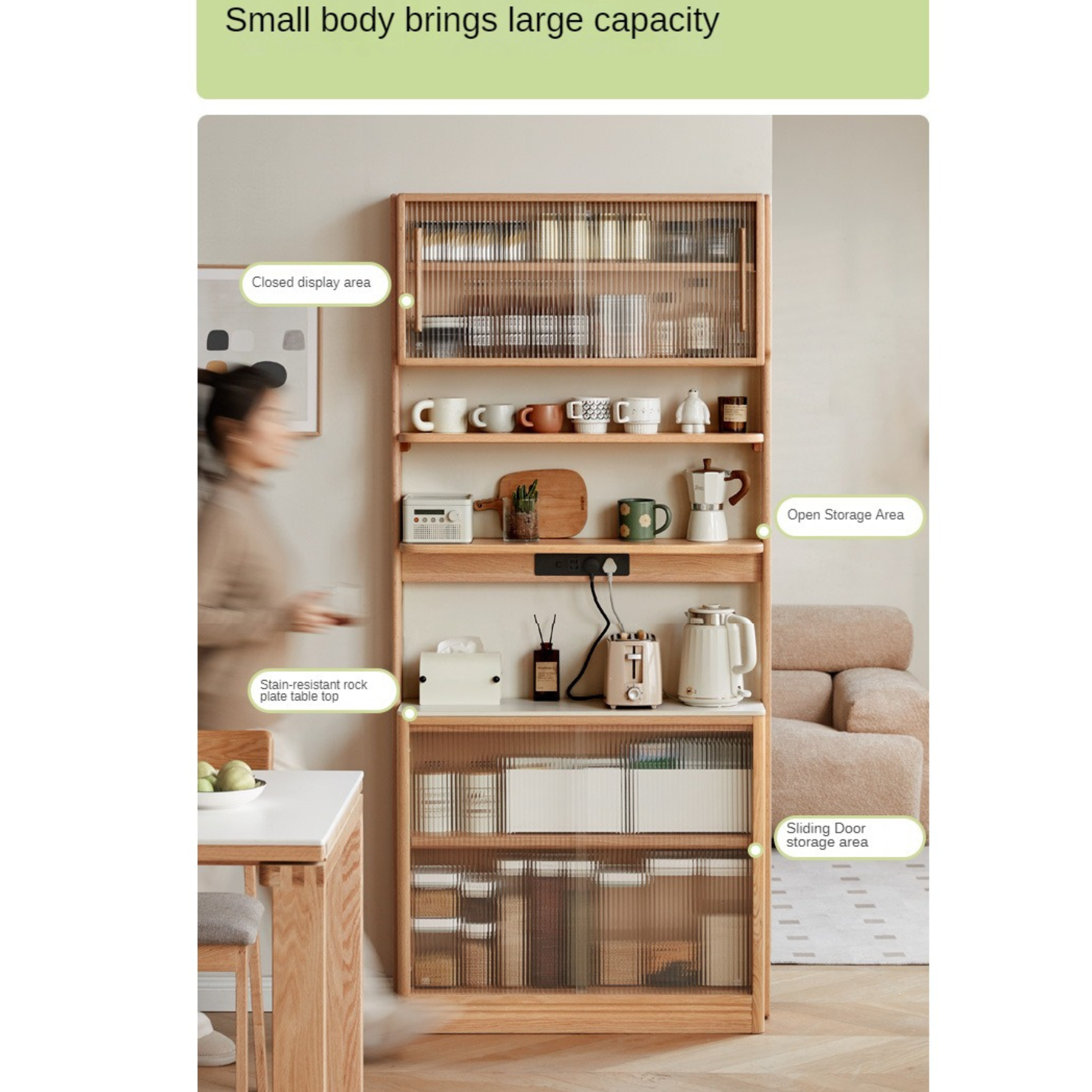 Oak, Solid RubberWood Rock Board Dining Sideboard Integrated Multifunctional Storage