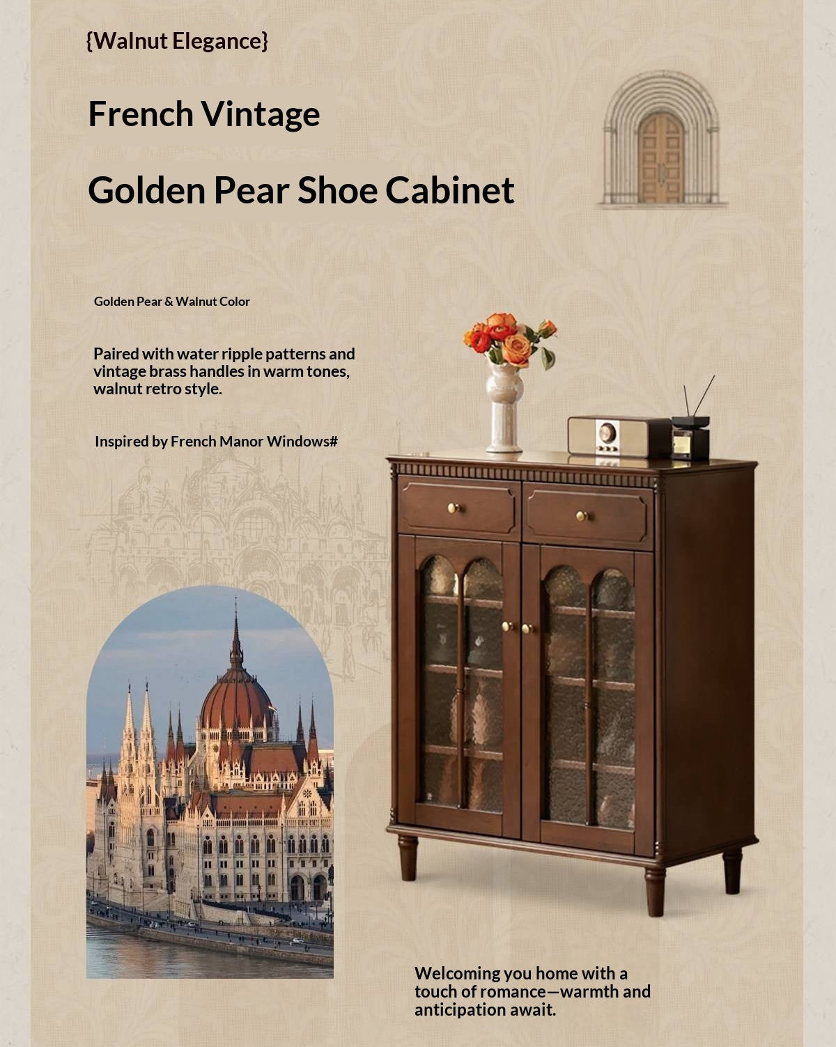 Solid Longan Hardwood French Vintage Shoe Cabinet with Arched Glass Doors and Adjustable Shelves