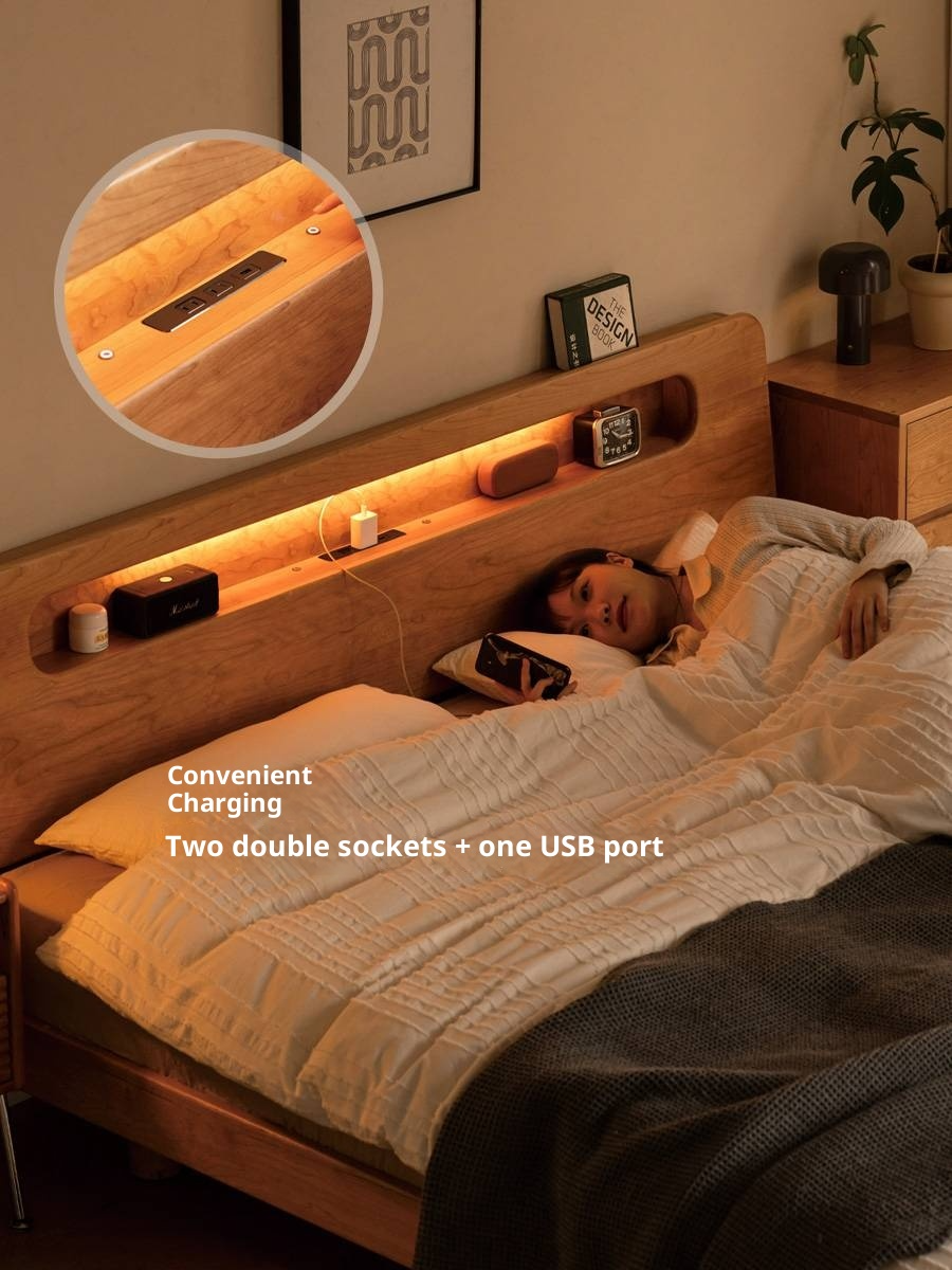Cherry Solid Wood Retro with Socket Night Light Bed