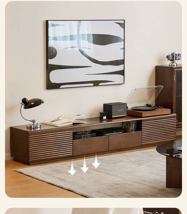 Solid RubberWood Fluted TV Media Console with Drawers and Open Shelf