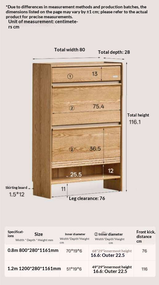 Oak Solid Wood Slim Entryway Shoe Cabinet with Tilt-Out Compartments and Drawers