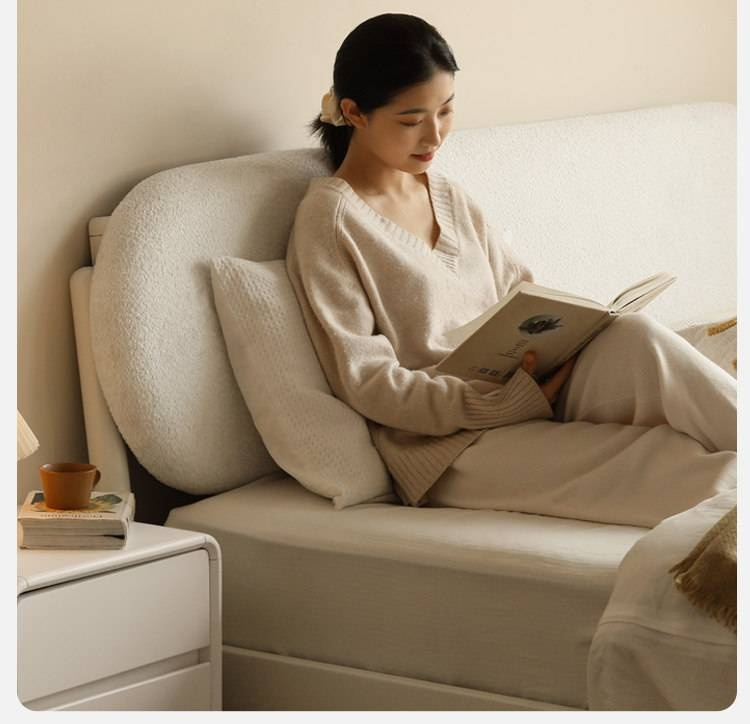 Poplar Solid Wood Bed — Upholstered with Fabric, Creamy Lambswool Soft Backrest