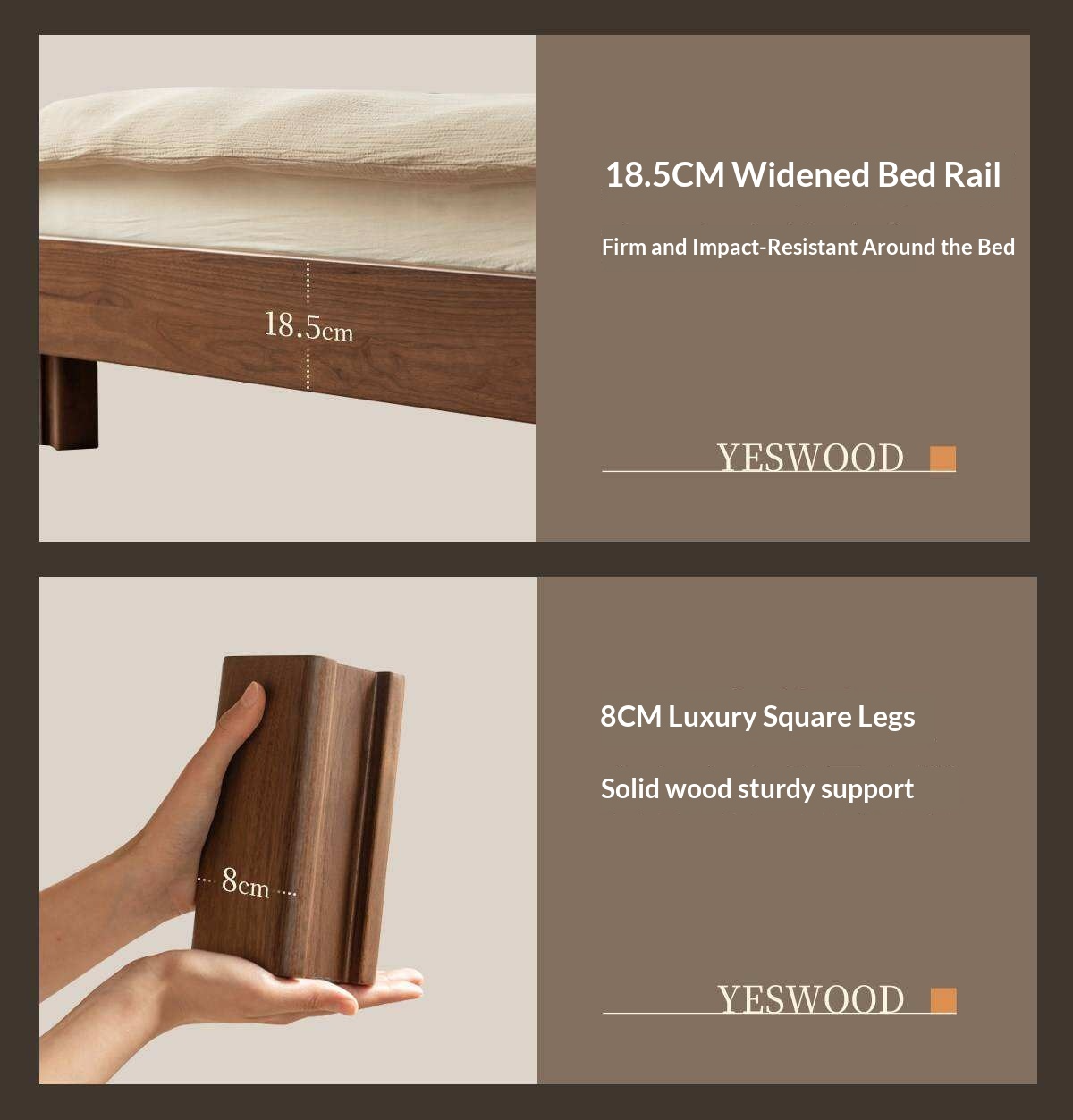 Black Walnut Solid Wood Italian Genuine Leather Bed with Down-Filled Upholstered Headboard