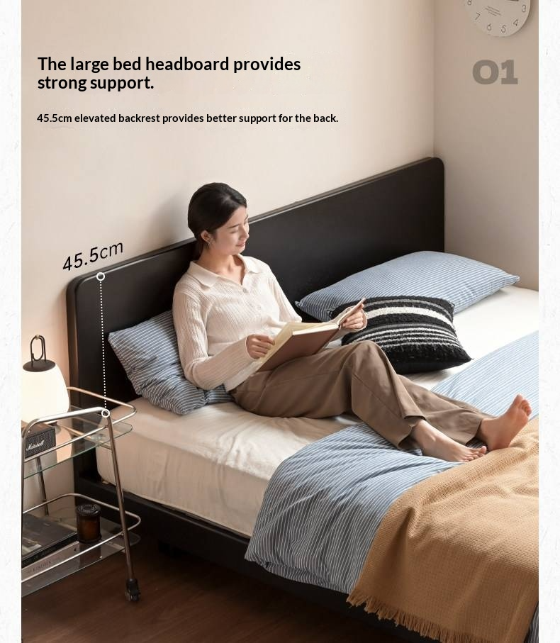 Rubberwood Solid Wood Bed — Modern Minimalist Large Slab Black Floating Bed