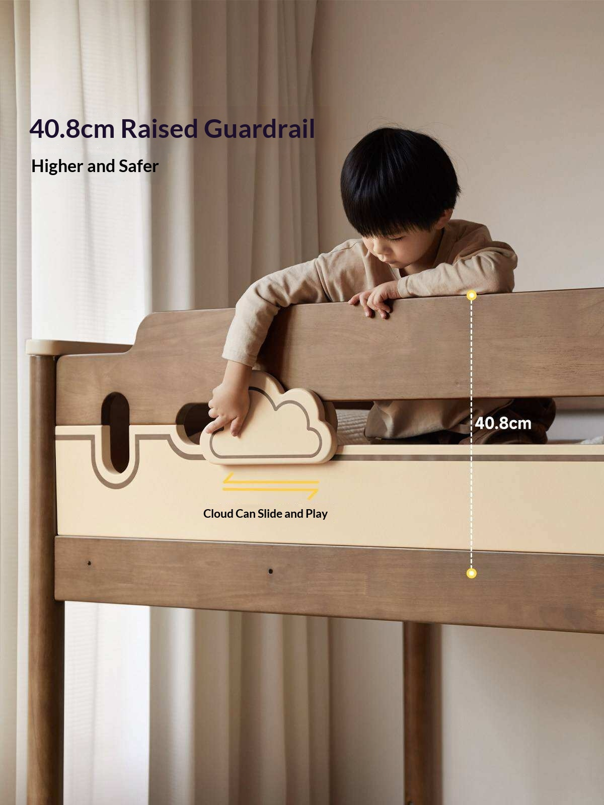 Rubberwood Solid Wood Castle-Inspired Bunk Bed with Cloud Cutout Guardrail