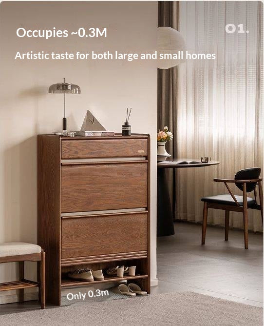 Oak Solid Wood Modern Shoe Cabinet with Flip Drawers and Open Shelf