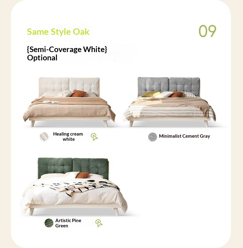 Oak, Rubberwood Solid Bed with Cream Finish — Casual Bedside with Soft Bag Backrest and White Soft Back