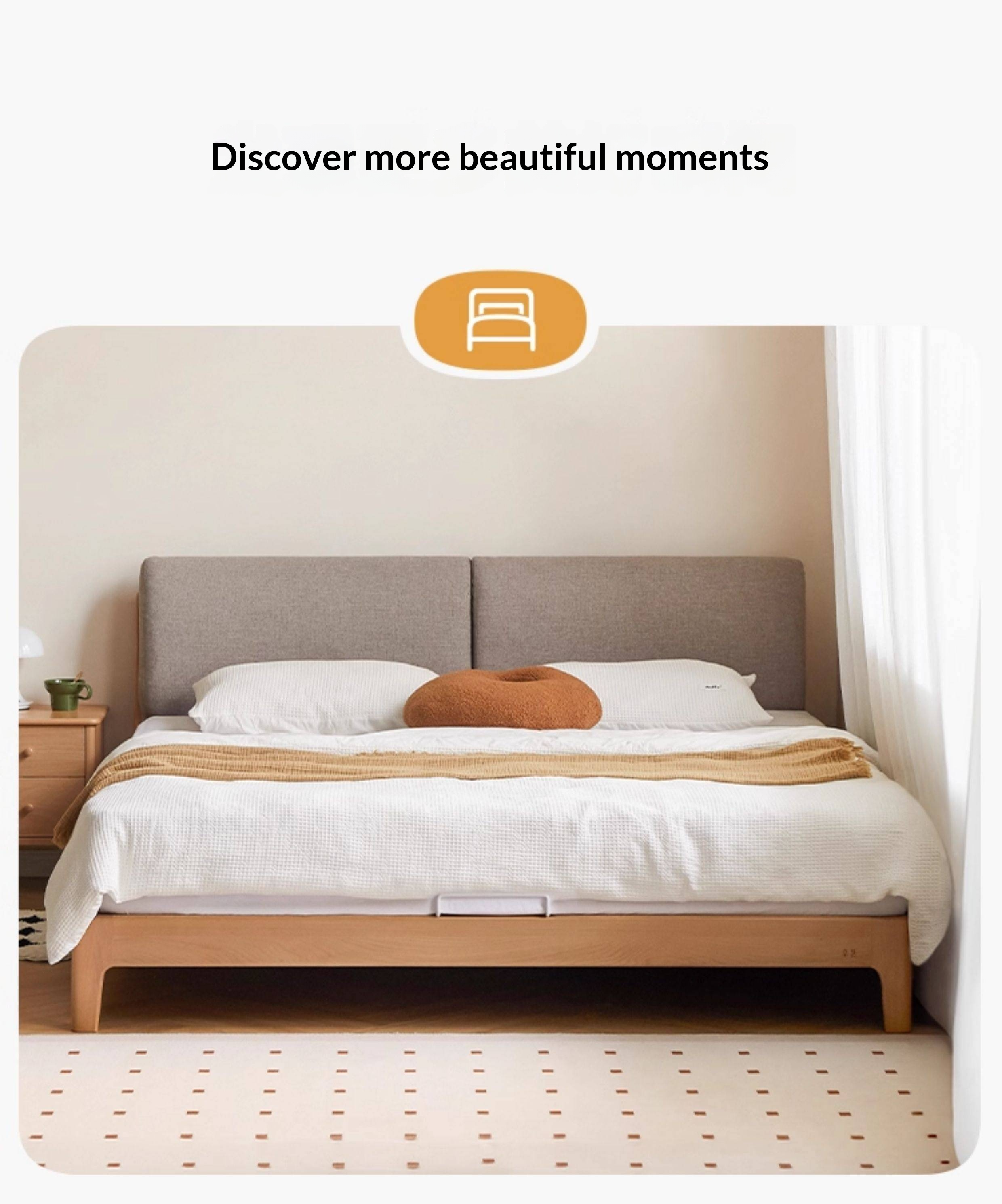 Beech Solid Wood Upholstered King Bed — Soft Headboard with Fabric Upholstery