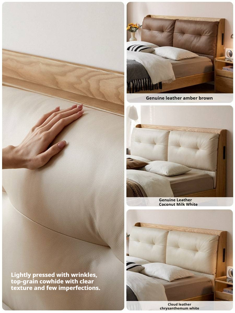 Ash Solid Wood Modern Leather Tufted Platform Bed with USB Charging Port