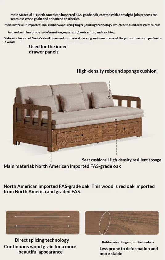 Oak Solid Wood Spindle Daybed with Trundle and Storage Drawers
