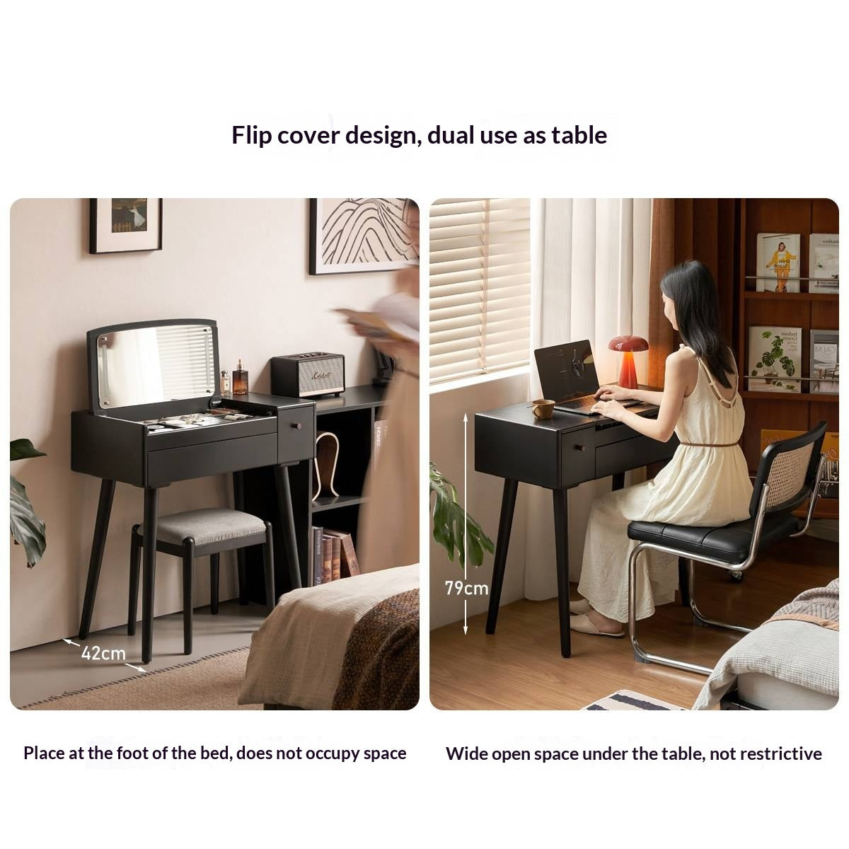 Solid RubberWood Black Vanity Table Mirror LED Touch