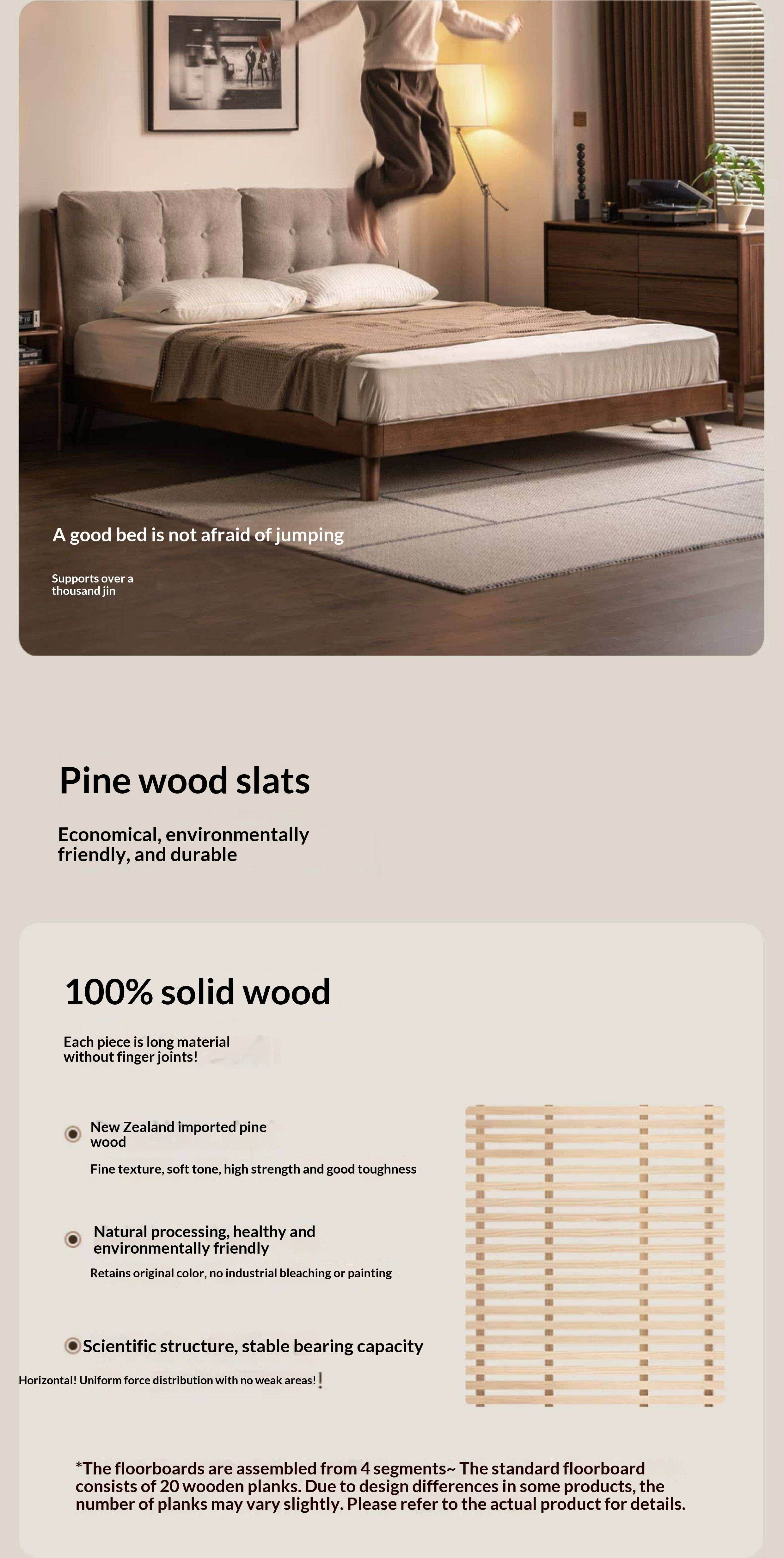 Rubberwood Solid Wood Bed with Oversized Soft Pillow Headboard