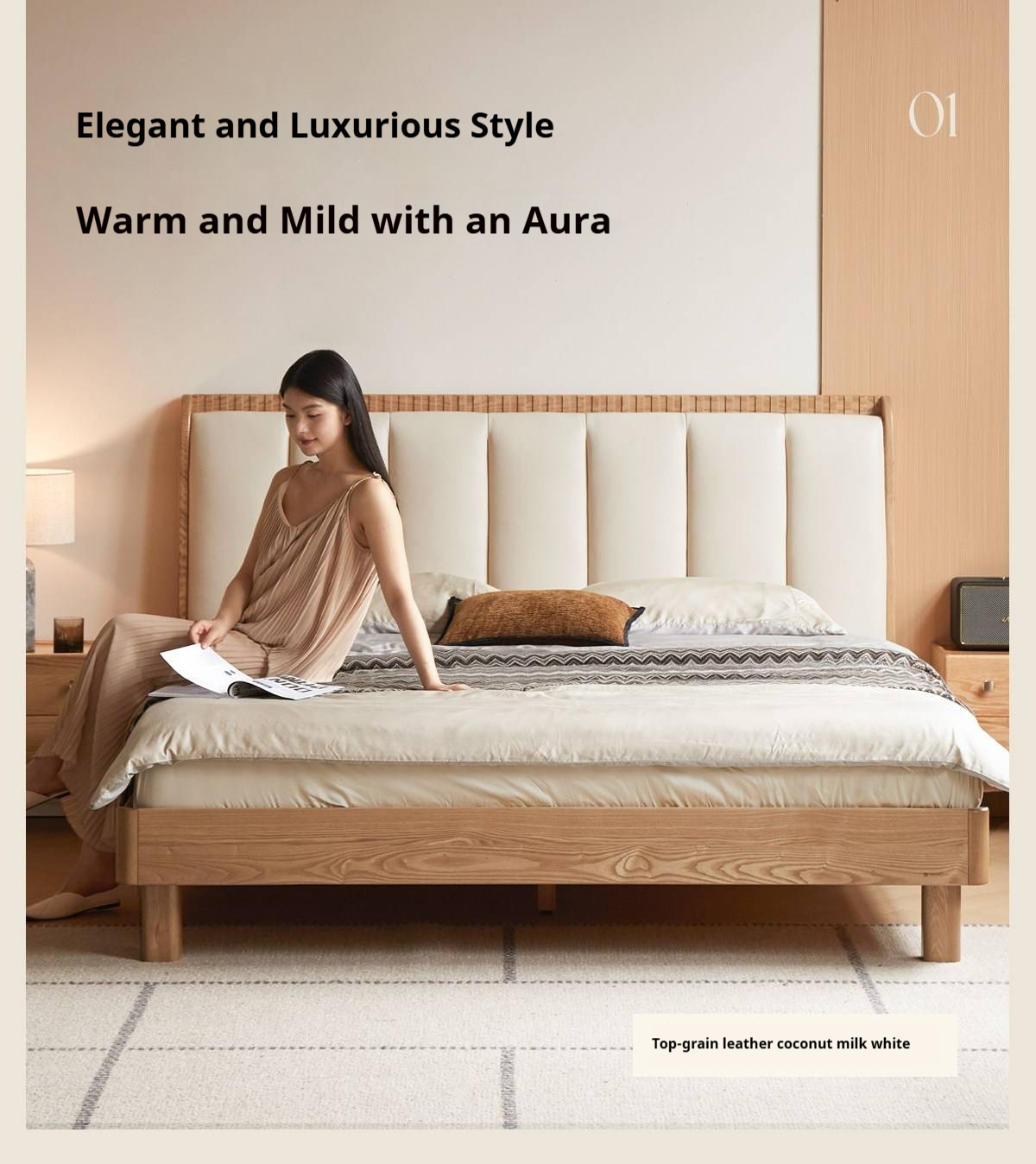 Ash Solid Wood Bed with Genuine Leather Upholstered Headboard