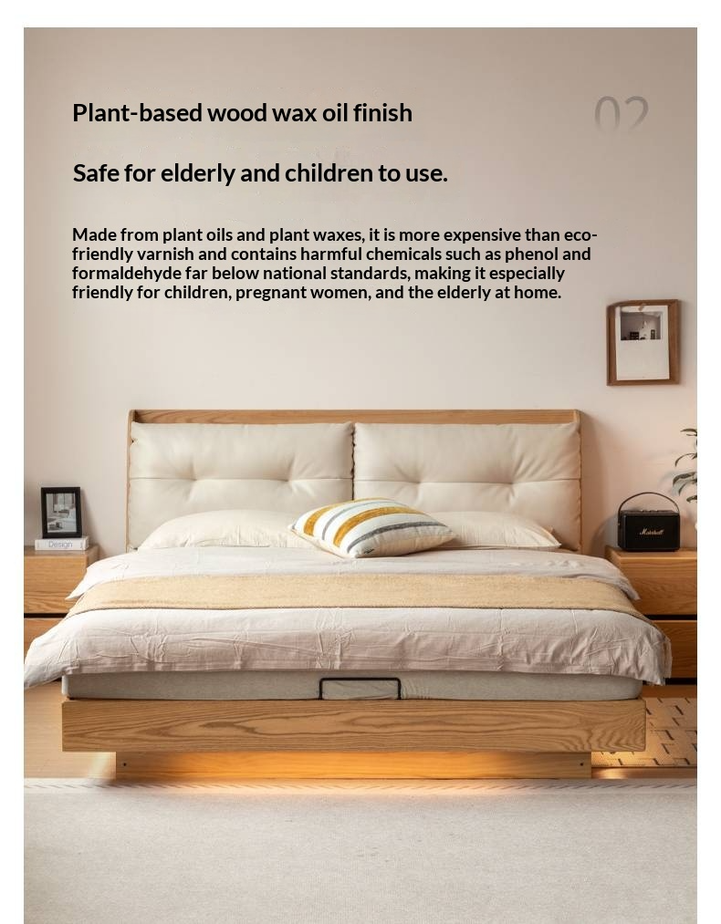 Oak Solid Wood Modern Leather Storage Bed, LED Lighting and USB Charging