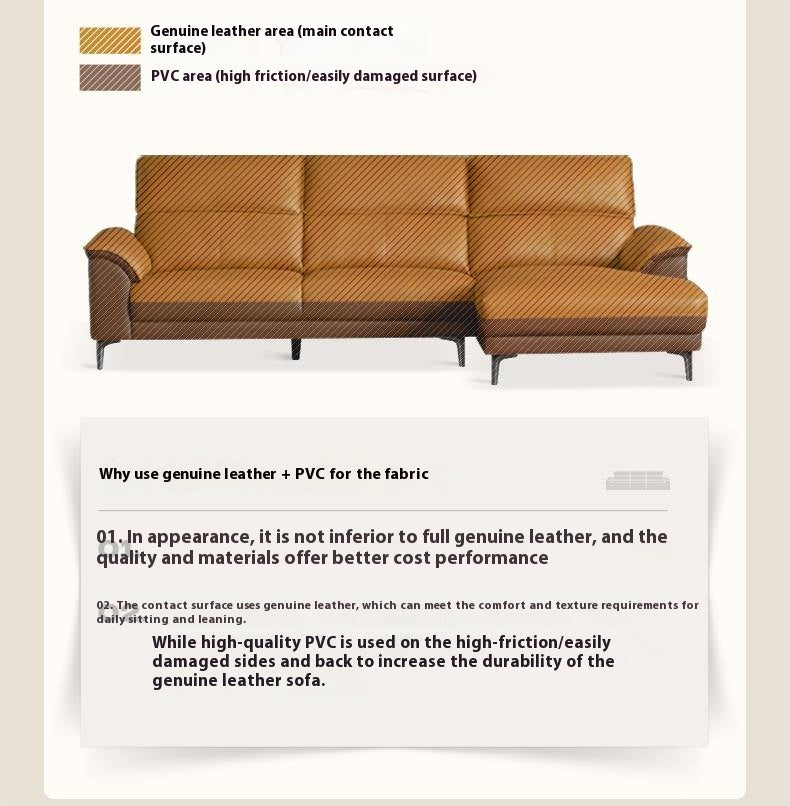 Genuine Leather Italian Minimalist Sectional Sofa – First-Layer Cowhide Corner Sofa with Chaise Lounge