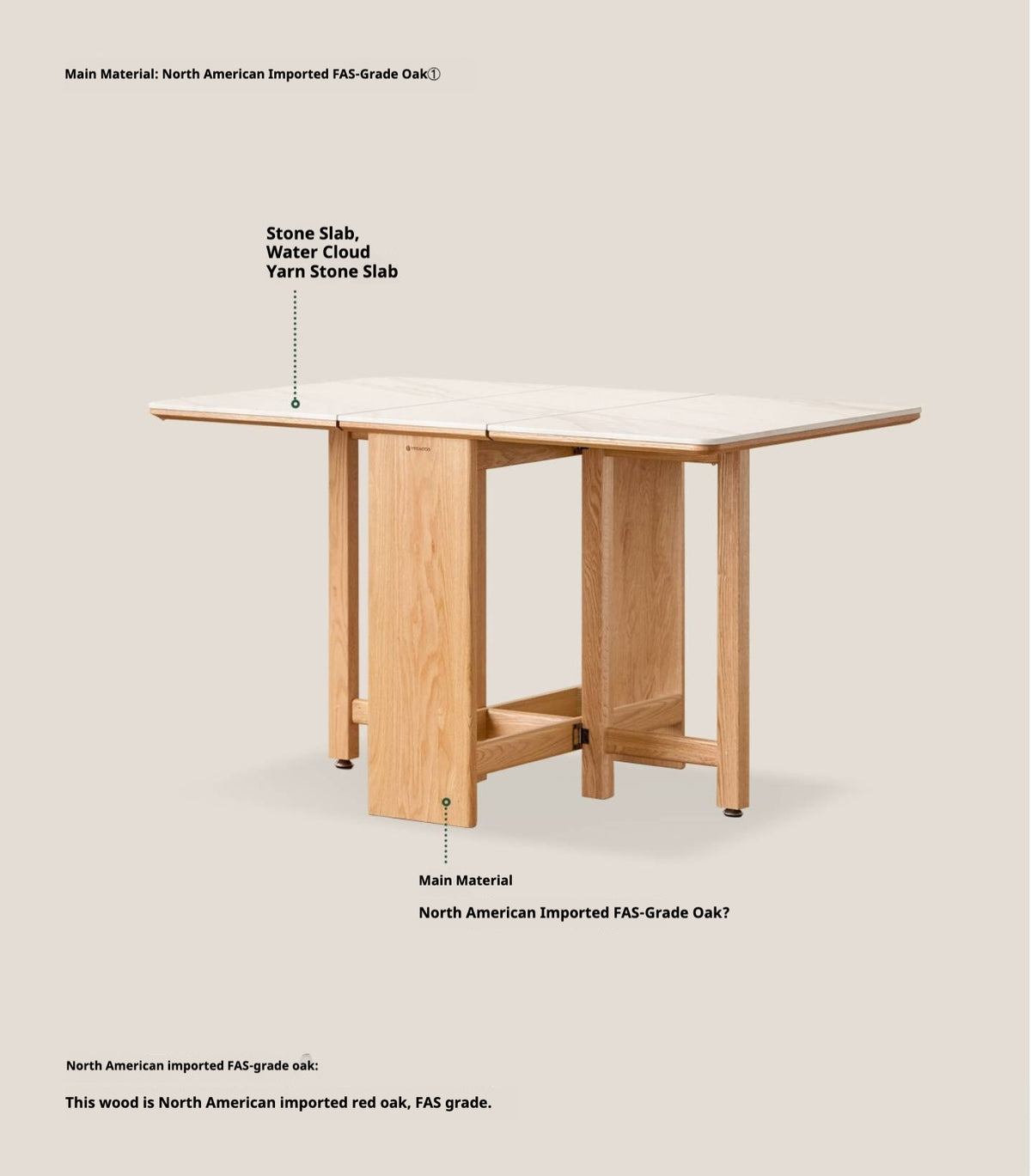 Oak Solid Wood Foldable Dining Table With Rock Slab Surface