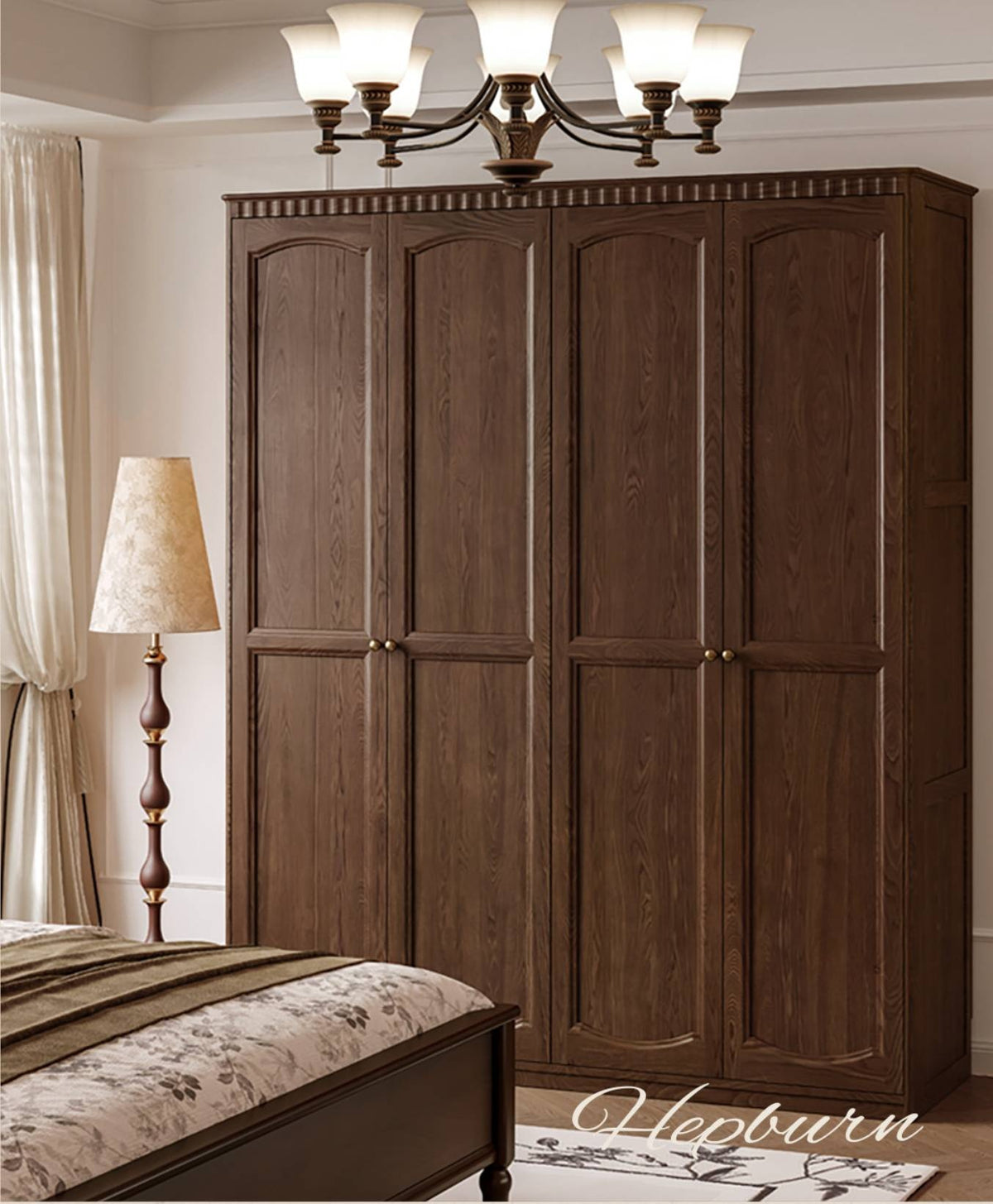 Ash Solid Wood Traditional 4-Door Armoire with Raised Panel Doors and Crown Molding