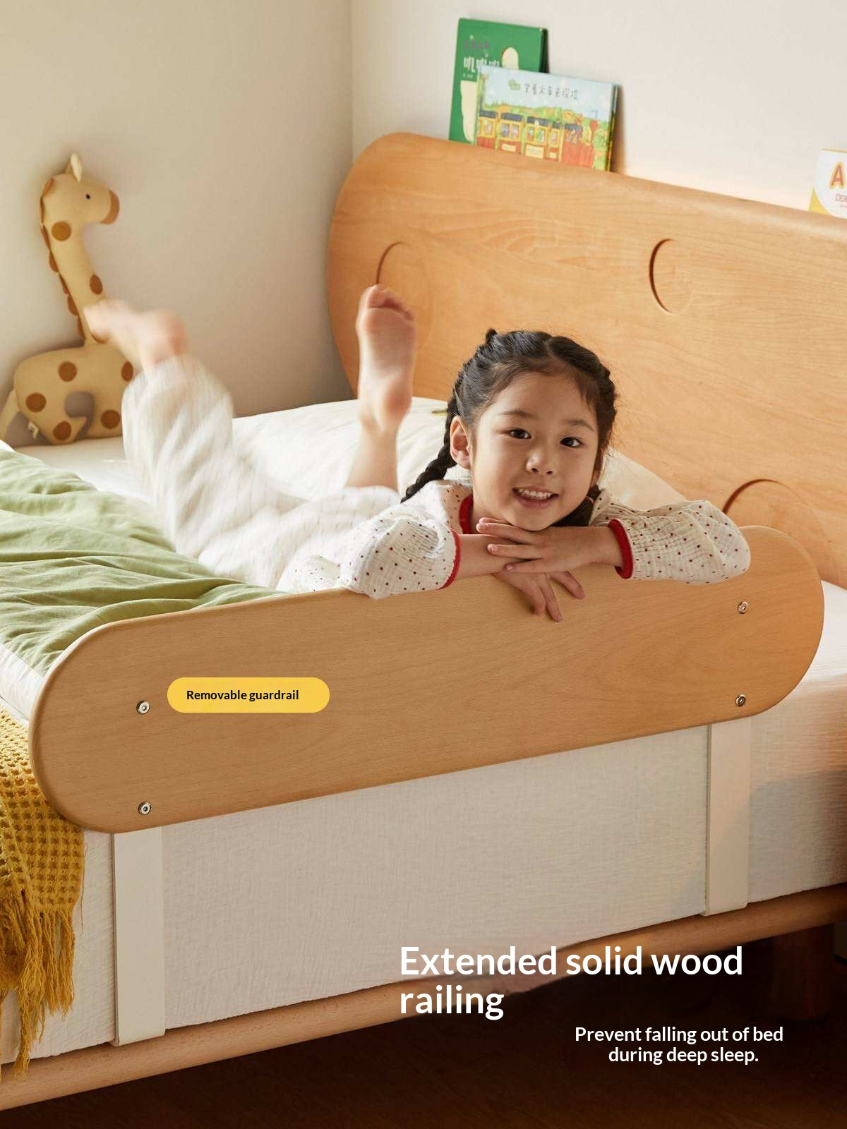 Beech Solid Wood Kids Floating Bed with Night Light and Optional Guardrails