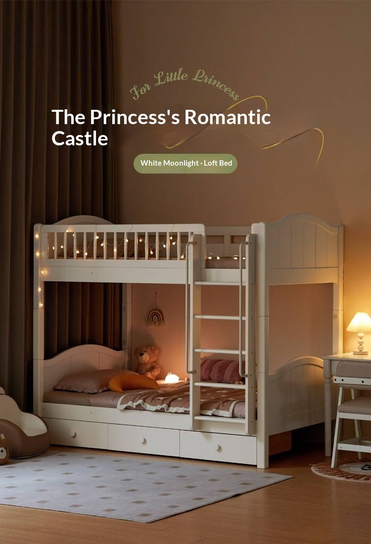 Rubberwood Solid Wood Children's White Castle Princess Bunk Bed