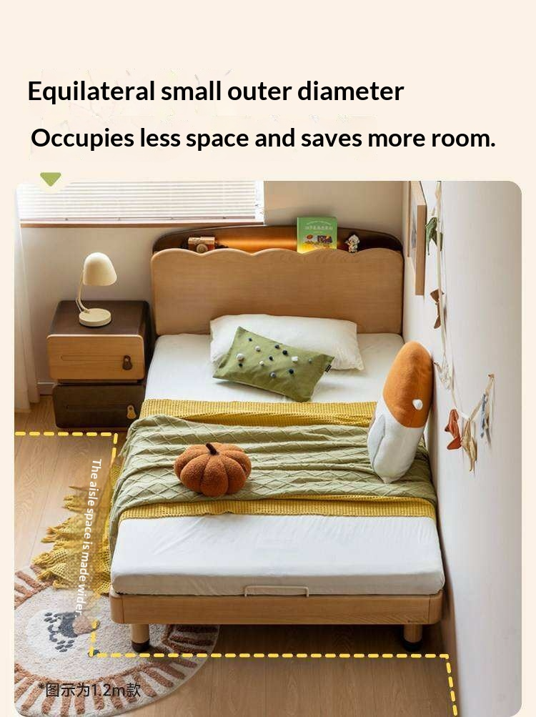 Beech Solid Wood Kids Bed with Scalloped Headboard and Hidden Storage