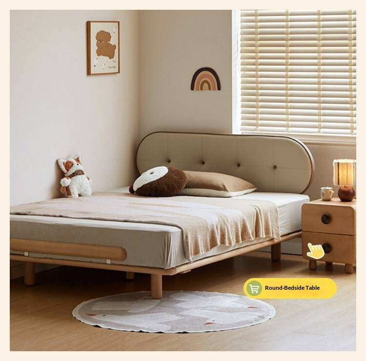 Beech Solid Wood Kids Floating Platform Bed with Upholstered Headboard and Optional Guardrails