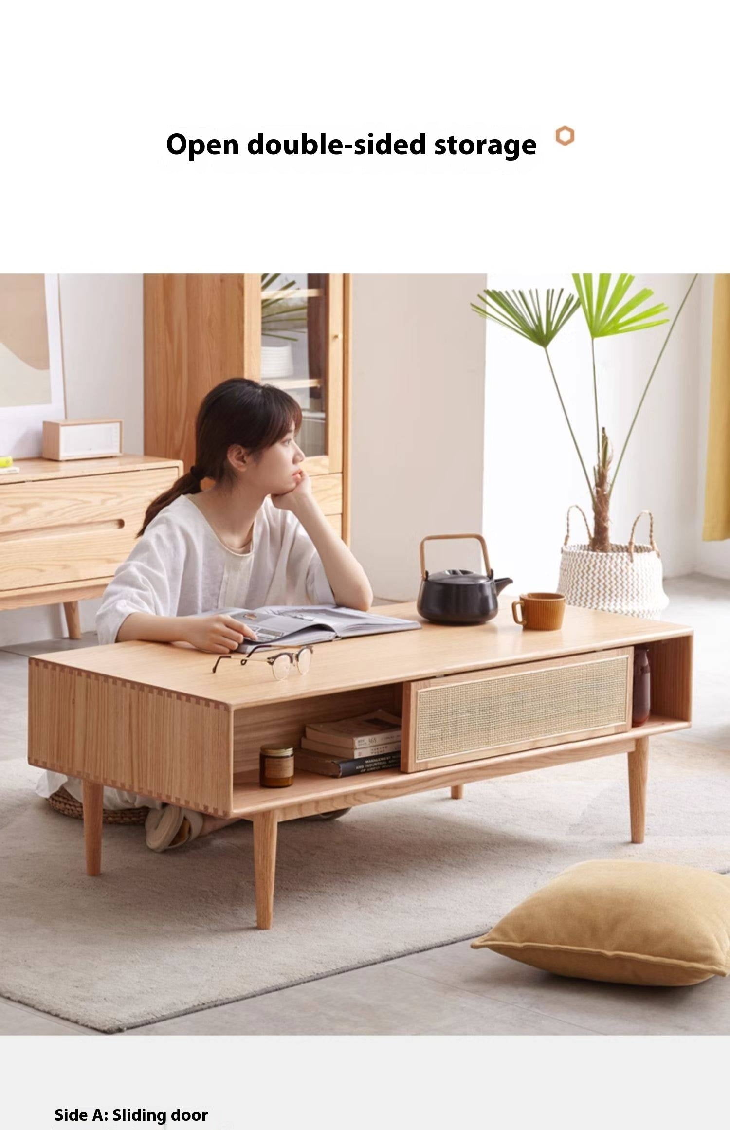 Oak Solid Wood Modern Style Rattan Coffee Table