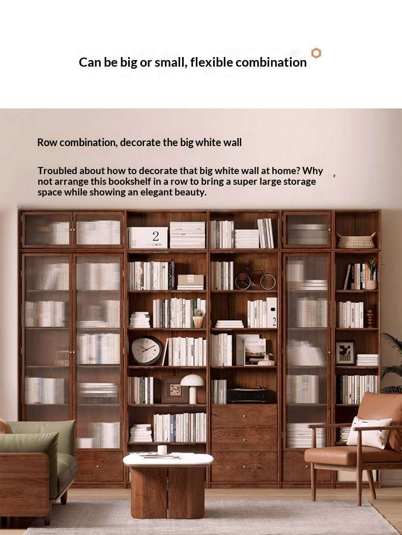 Oak, Ash Solid Wood Modular Bookcase with Glass Doors