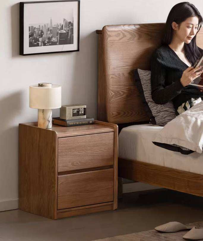 Ash Solid Wood Nightstand with Single Drawer and Open Shelf