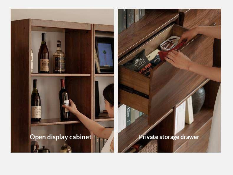 Black Walnut Solid Wood Bookshelf with Combination Storage and Display Shelves