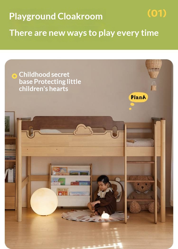 Rubberwood Solid Wood Children's Loft Bed with Under-Bed Cabinets