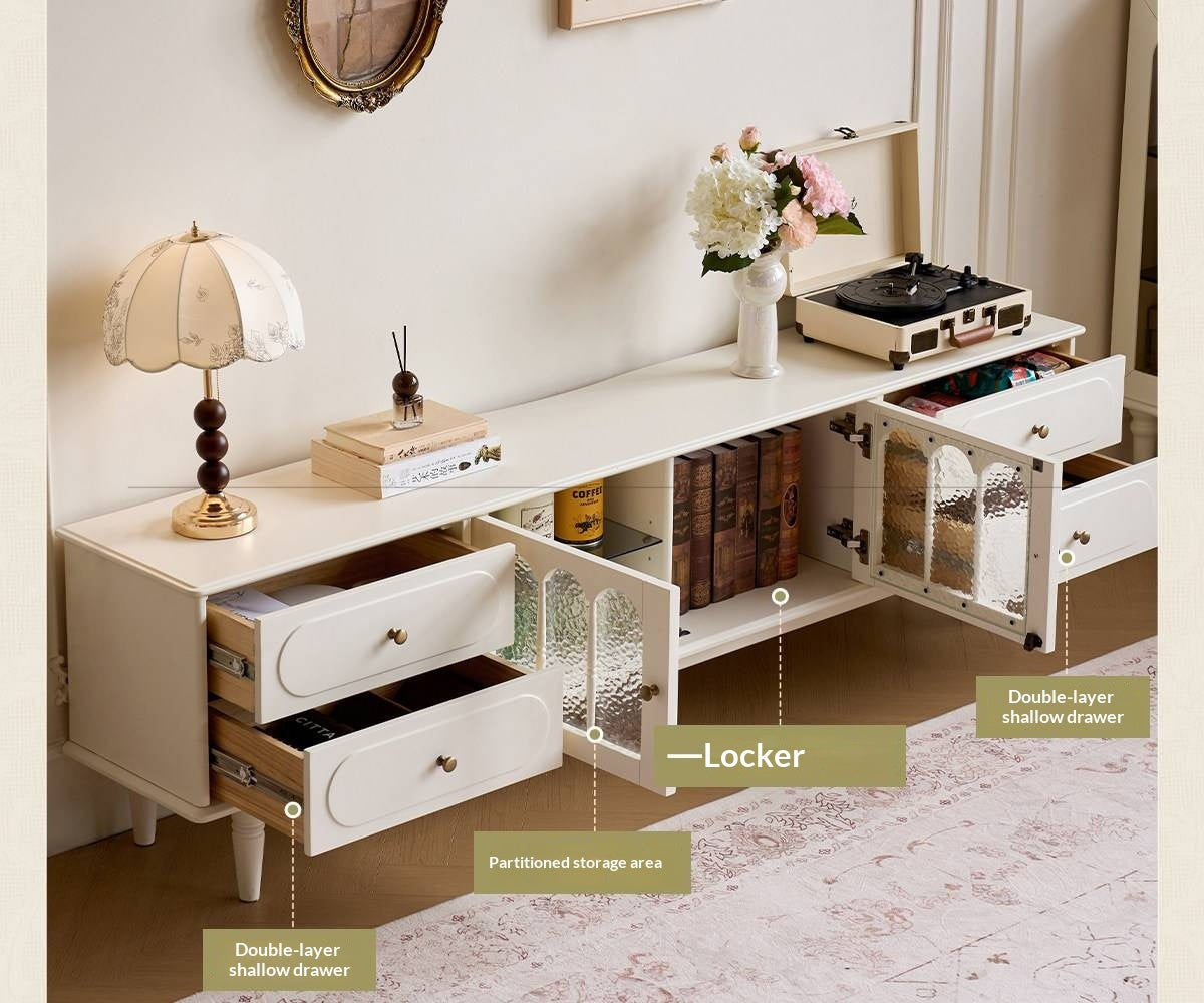 Solid RubberWood French Country TV Console with Arched Glass Doors