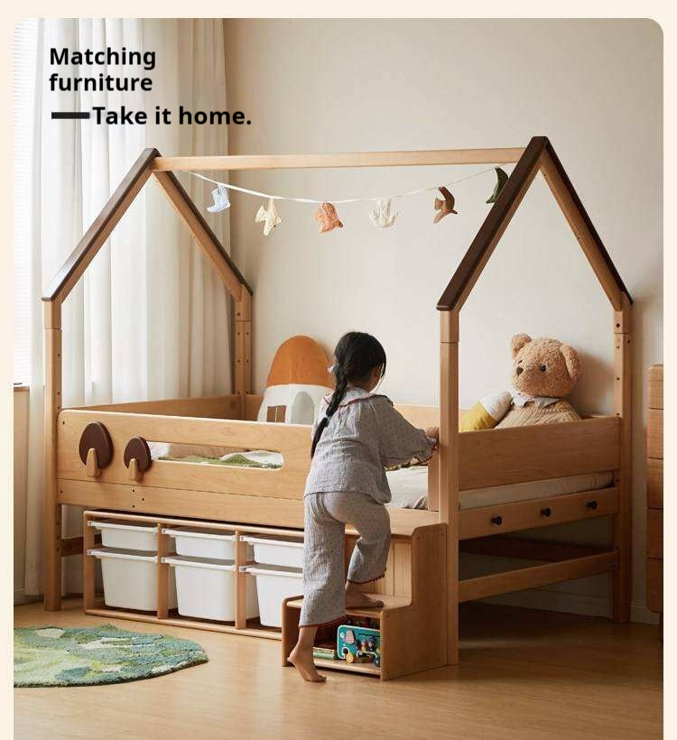 Beech Solid Wood Children's Loft Bed with Table Under Bed