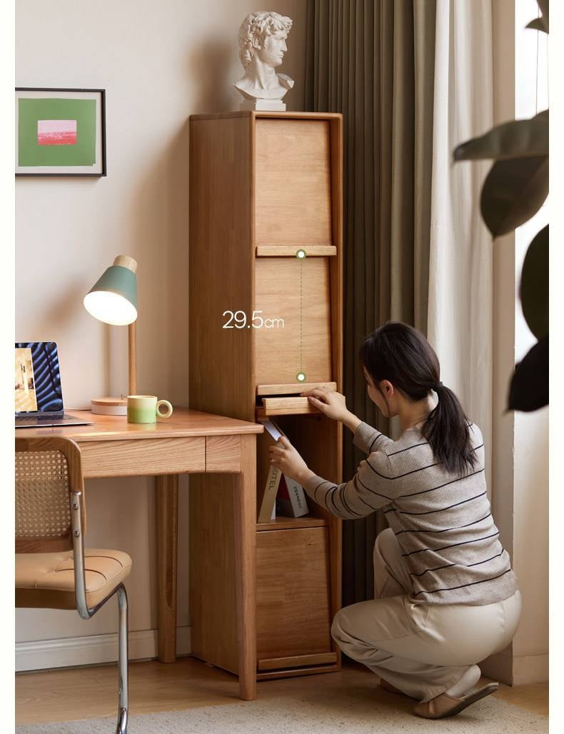 Solid Rubberwood Ultra-Narrow Bookcase with Flip-Down Front Panel